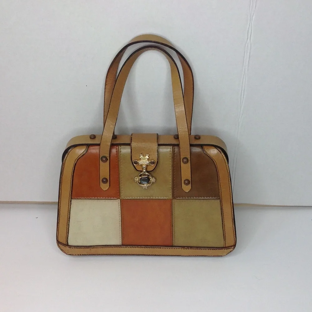 1980's Green Handbag Tan Color Block Leather